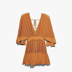Orange Free People Shyanne Romper Lace Flutter Gauze Bell Sleeve Autumn Boho